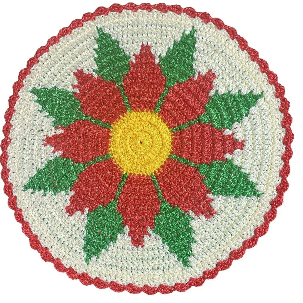 Set of 4 Handmade Crochet Floral Placemats Round Red Cream Green 13